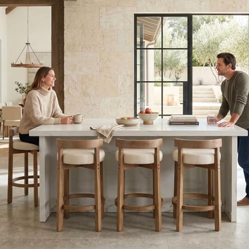 LukeAlon Mid Century Linen Counter Stools Set of 4, Upholstered 26.5” Seat Height Low Barstools with Natural Wood Legs Round Low Back Kitchen Stools with Footrest for Dining Room, Beige
