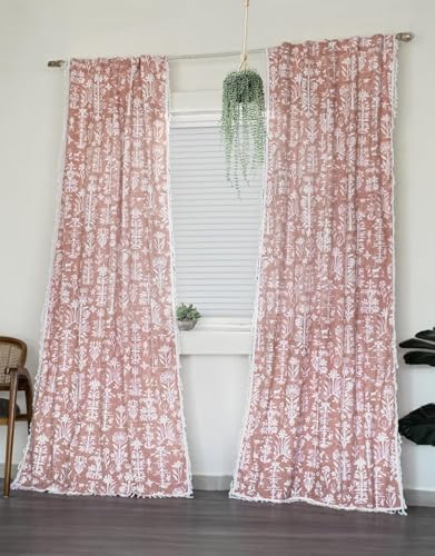 Image of Tranquebar Curtain Co. Window Curtains 6 Feet, Cotton Curtains, 60-65% Room Darkening, Peach Botanical Print, Pink Curtains, BackTabs, Design Cairo (183 cm) - 1 Piece