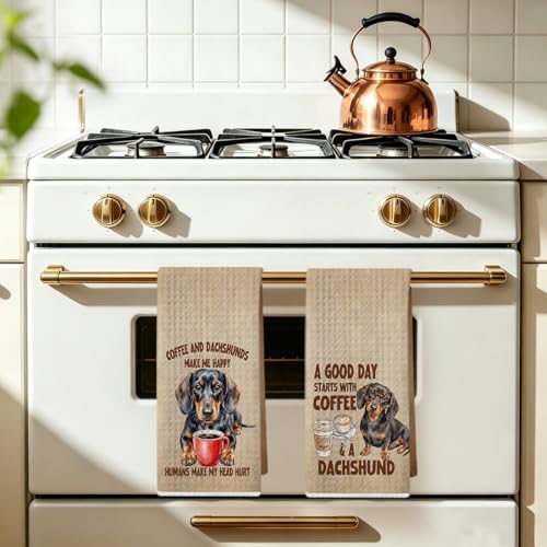 Image of 2 Pcs Funny Dachshund Kitchen Towels 24x14 Inch, Coffee Dachshund Gifts Reusable Dish Towels for Kitchen Decor, Waffle Weave Absorbent Tea Towel, Cute Weiner Dog Gifts for Women Mom Friend