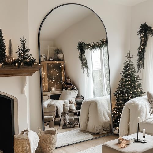 Image of Antok 82 inch x44 inch Arched Full Length Floor Mirror, Black Aluminum Frame, Free Standing /Wall Mount /Leaning for Bedroom, Living Room, Dressing Room