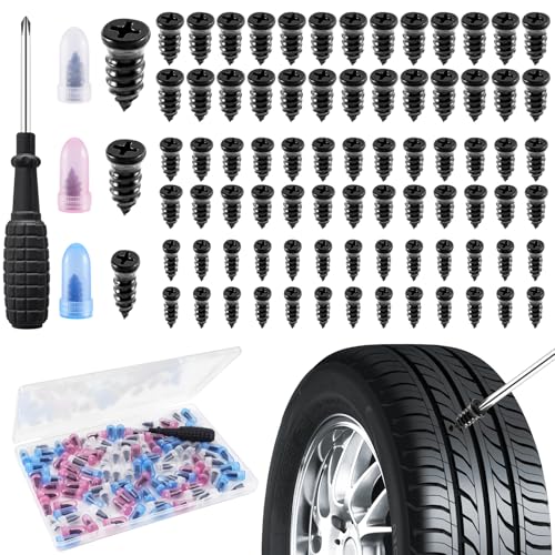 100 Piezas Clavo de Goma para Neumáticos, Kit Repara Pinchazos Coche, Kit de Reparación de Neumáticos con Destornillador, 3 Tamaños Antipinchazos Coche para Coche, Moto, Bicicleta (33S+33M+34L)