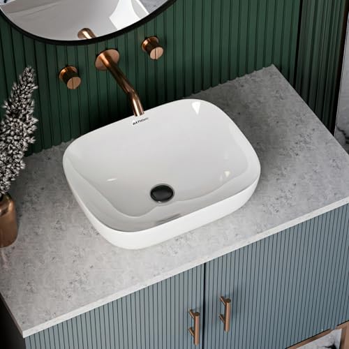 Image of Designer Ceramic Wash Basin For Bathroom | Over Counter Bathroom Basin | Counter Top Bathroom Sink | Wash Basin For Restaurant, Hotel (18 x13 x 5 Inch) (13x18 White)