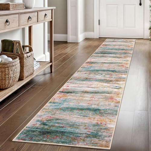 KOZYFLY Modern Abstract Hallway Runner Rug, 2x8 Washable Rug Runner Non-Slip Soft Kitchen Runner Rugs, Print Distressed Green Carpet Runner for Entryway Bathroom Laundry Room Foyer