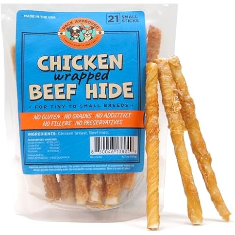Pack Approved Chicken Wrapped Rawhide Dog Beef Sticks - Long Lasting Dog Chews for Aggressive Chewers - Chicken Wrapped Dog Treats for Small Dogs - Beef Sticks for Dogs Rawhide Chews - S (Pack of 21) Cover