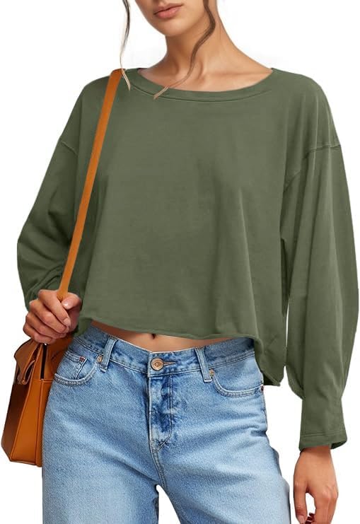 UNCLECAT Womens Long Sleeve Crop Tops Oversized Cropped Tshirts Crew Neck Loose Fit Fashion Workout Tee Shirt