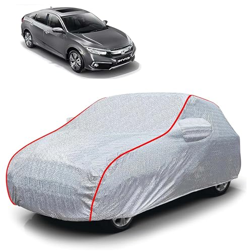 Image of Sulfar 100% Waterproof Car Body Cover Compatible with Mirror for Honda Civic (Triple Stitched, Full Bottom Elastic, Magic Silver with Red Piping)