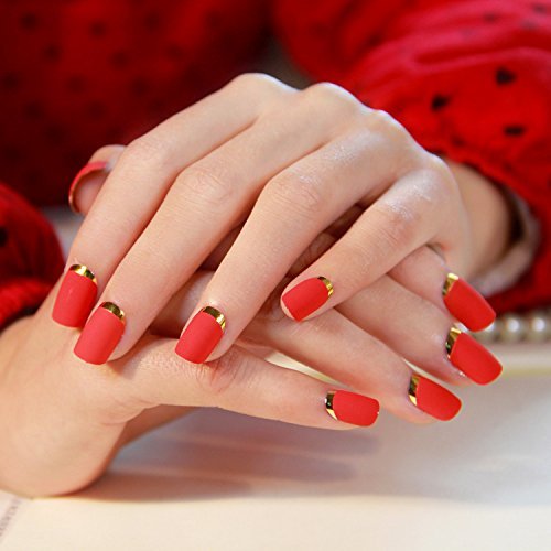 24PCS Matte with Metallic French Acrylic False Fake Full Nail Tip Art Red&Gold
