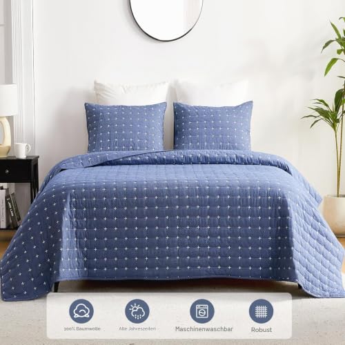 Qucover Tagesdecke Baumwolle 240x260, Ultra Weiche Blau Bett Überwurfdecke Stickerei, Bettüberwurf mit 2 Kissen Set, Steppdecke 240x260… – Ansicht 2