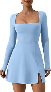Womens Square Neck Bodice Dress Long Sleeve Side Slit Flare Mini Dresses
