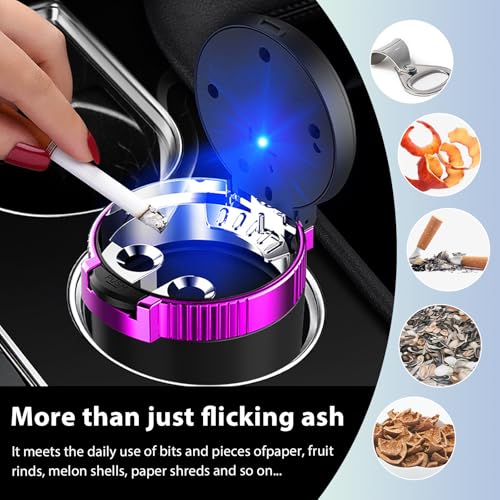 Image of Car Ashtray with Lid, Detachable Smokeless Auto Cup Holder Ashtray with LED Blue Light, Stainless Steel Ash Tray Portable Mini Vehicle Trash Can for Car Home Outdoor (Purple)