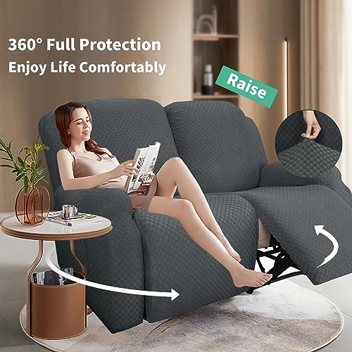 Image of YEMYHOM 6 Pieces Stretch Loveseat Recliner Slipcover Jacquard Recliner Sofa Cover with Side Pocket Fitted Recliner Cover Couch Furniture Protector with Elastic Bottom (Loveseat Recliner, Dark Gray)