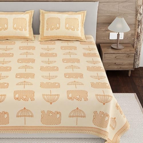 Image of Living Roots Ethnic Jaipur Block Print Double Cotton Bedsheet & 2 Pillow Covers, for Mattress Upto 6 inches Thick, No Colour Bleeding, Orange Colour, King Size 90 * 108 inches, 120TC (601-A)