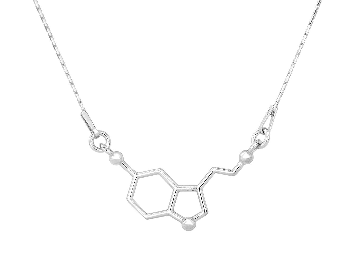 Collar plateado con colgante de serotonina, ADN, estructura química de molécula bioquímica, plateado, en caja de regalo