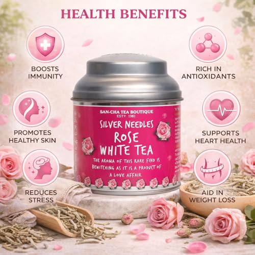 Image of Sancha Tea Boutique, Rose White Tea, 25g Loose Leaf Silver Needle White Tea, Blended with Indian Wild Rose Petals, Floral Premium Tea