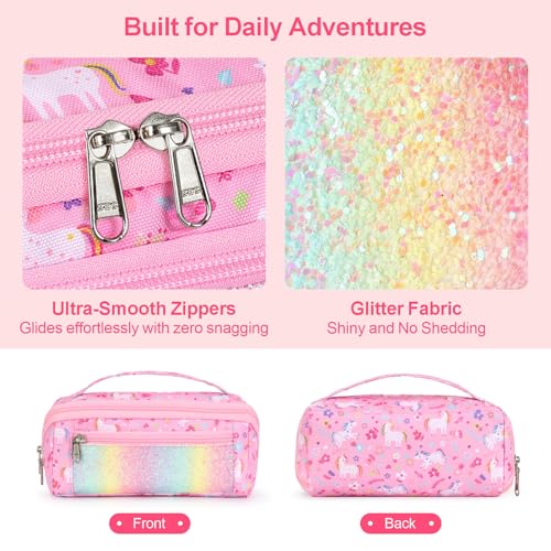Image of Large Pencil Case for Girls, Aesthetic Pencil Pouch for School, Wide Opening Organizer Box with Handle, Fits 50 Pens & Markers (Glitter Pink Unicorn)