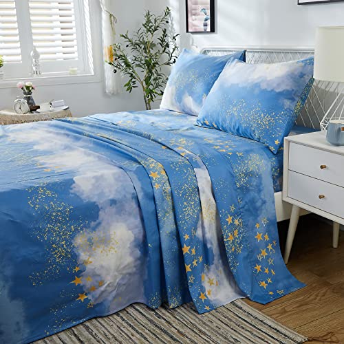 Brandream Queen Size Sheets 100% Cotton Sheets Blue Starry Sky Sheets Designer Aesthetic 3D Bed Sheet Set Deep Pocket 18 Inch 4-Piece