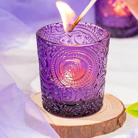 6 Pack Sun Moon Star Embossed Glass Tea Light Candle Holders - Votive Candle Holders for Wedding, Party, Home Decor, and Table Centerpieces (Amethyst Purple) Cover