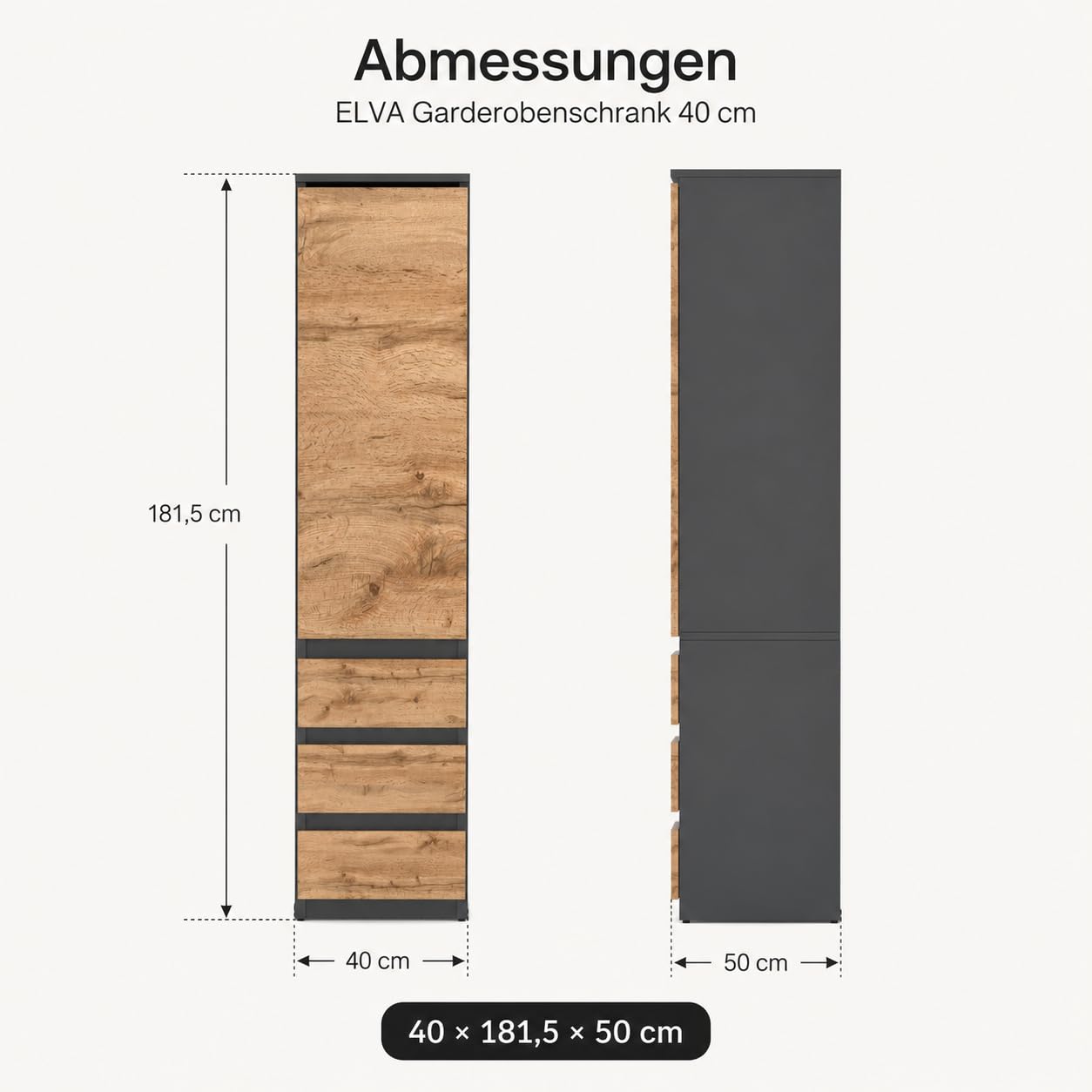 ELVA Kleiderschrank 40 cm breit – Modularer Mehrzweckschrank Anthrazit / Wotan Eiche – Grifflos Design Hochschrank mit Schubladen & Türen – Schmaler Vorratsschrank für Schlafzimmer, Flur & Büro