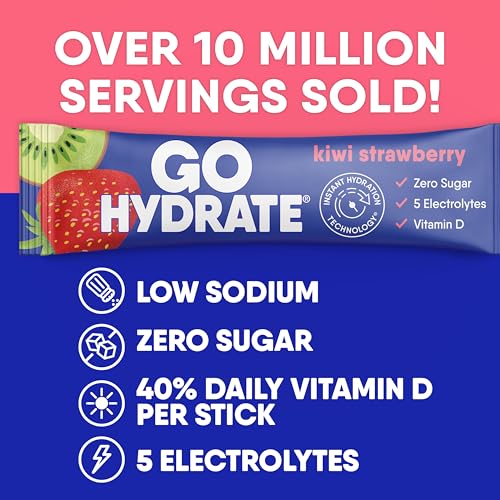 Image of GoHydrate Instant Hydration Powder Packets - Low Sodium Electrolytes Drink Mix - Natural Hydration Support, Sugar Free Electrolyte Flavored Powder Drink with Vitamin D, 30 Packs, Kiwi Strawberry