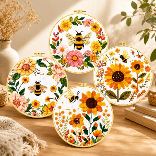 Image of Zhenqing Bee & Flower Garden Cross Stitch Kit for Beginners - 4 Pre-Printed Designs with Hoop, Threads & Complete Tools(68059)