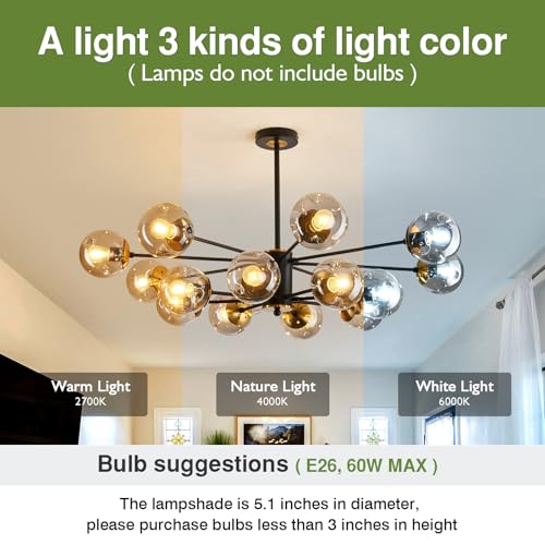 Image of 16 Light Glass Globe Chandelier Mid Century Sputnik Pendant Light Fixture Black and Gold Ceiling Light for Living Room Kitchen Dining Room Bedroom Farmhouse.