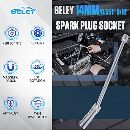 Beley 14Mm Spark Plug Socket 3/8" Drive With 12-Inch Extension, Magnetic 12-Point Thin Wall Spark Plug Socket Compatible With Bmw Nissan Benz Ect. (Cr-V Steel) #TOP3