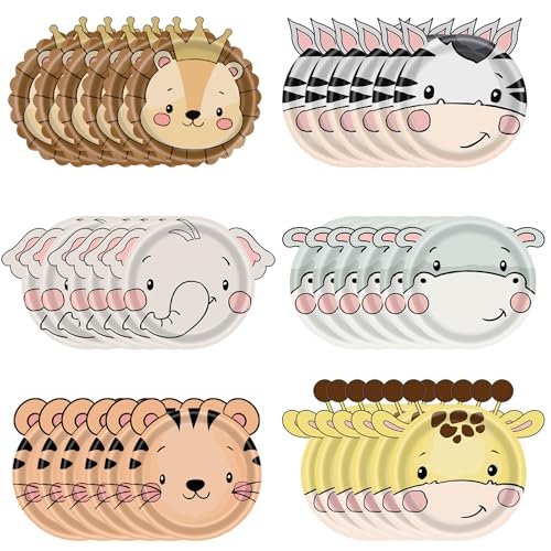 Mienocol 60 piatti di carta per feste safari nella giungla da 17,8 cm, animali dello zoo safari: tigre, leone, elefante, giraffa, zebra e ippopotamo