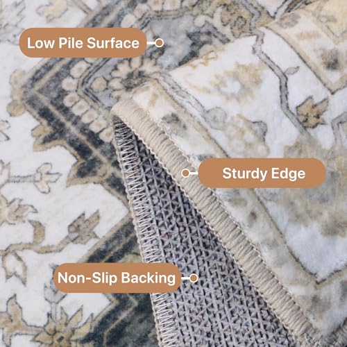 GENIMO 7'6''x9'6'' Area Rugs for Living Room, Machine Washable Non Slip Vintage Rugs, Low Pile Lightweight Chenille Print Rug for Bedroom, Dining Room, Home Office, Heathered Grey