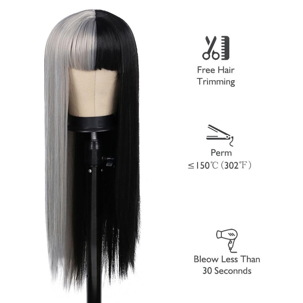 Halb Grau Halb Schwarz Lange Perücken für Frauen Gerade Goth Haar Perücke mit Bangs Hitzebeständige Faser Cosplay Halloween Perücke