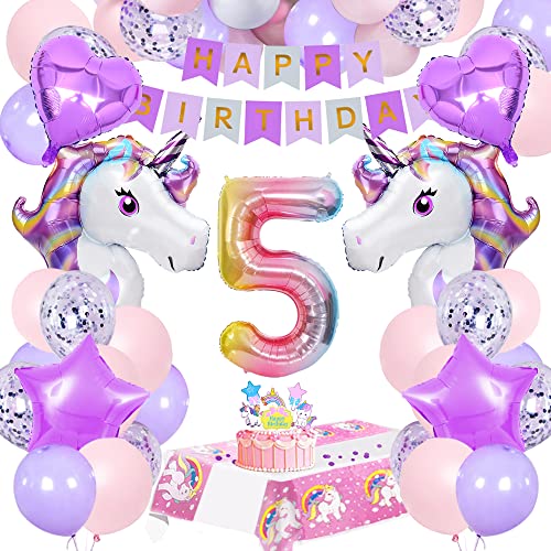 Einhorn Geburtstagsdeko 5 Jahre,Einhorn Deko Kindergeburtstag Set mit Einhorn Luftballons,Cake Topper,lila und Rosa Luftballons,Happy Birthday Girlanden,Tischdecke Einhorn für 5. Geburtstagsdeko Cover
