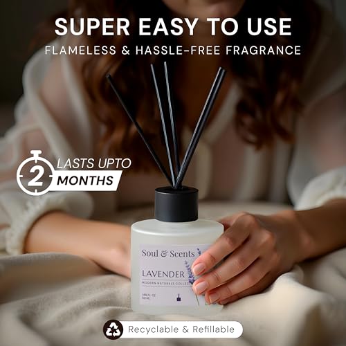Image of Soul & Scents 50ml Lavender Reed Diffuser Set | Blend of Rosemary and Vanilla | Get 5 Rattan Reed Sticks | Smoke Less Room Freshener for Home, Bedroom, Living Room & Office