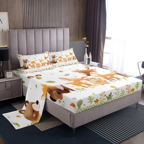 jejeloiu Cute Cartoon Animals Bed Sheets Set King Size Kawaii Bear Deer Bedding Set for Kids Boys Girls Lovely Farmhouse Nature Blossoms Leaves Fitted Sheet Room Decor
