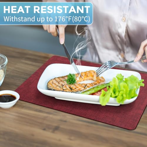Placemats Set of 8 Washable, Heat Resistant Table Placemats Wipeable Faux Leather Place Mats Non Slip, Waterproof Square Table Mats for Indoor Outdoor, Wine Red