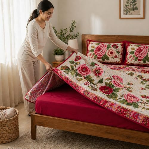 Image of Rosealia Bedsheet Set with 7D Digital Prints, Cotton Feel, Queen Size, 90x100 Inches, 1 Bedsheet and 2 Pillow Covers (Design 4)