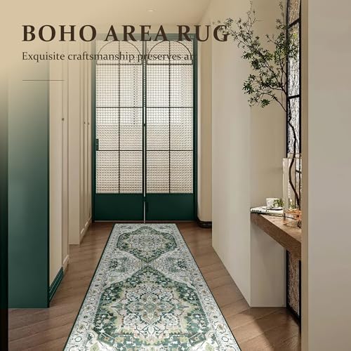 Deerly Runner Rug 3x8 Washable Vintage Area Rugs for Hallway Bohemian Non-Slip Low-Pile Floor Carpet for Kitchen Bathroom Bedroom Dining Room, Green//Multi
