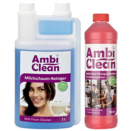 AmbiClean Juego de limpieza para máquinas de café – 1 L de limpiador de espuma de leche y 750 ml de descalcificador líquido universal para muchas máquinas