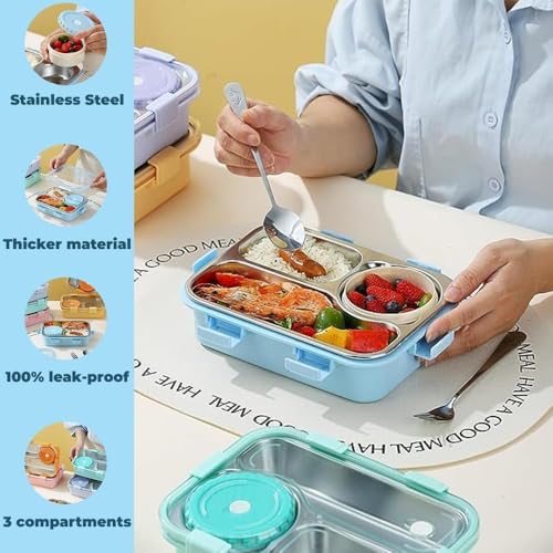 Image of Storescent Lunch Box 3 Compartment Leak-Proof BPA Free Stainless Steel, Lunch Box for Kids, Lunch Box for School & Office with a Fork, a Spoon and a Pair of Chopsticks, 750 ml (Blue)