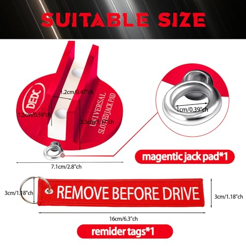 Image of DEDC Universal Aluminum Grooved Magnetic Jack Pad Red 1 Pc, Jacking Puck Pinch Weld Frame Rail Adapter with 1 Reminder Streamer, Car Accessories for Men