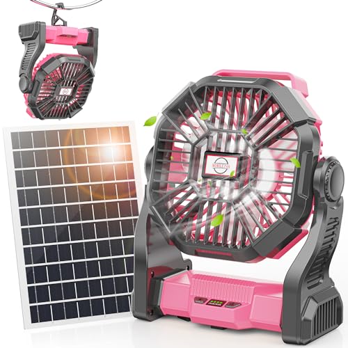Solar Powered Fan,10400mAh Battery Powered Fan with 7W Solar Panel,4 Speeds Camping Fan with Led Light,Portable Fan for Travel, Outdoor ＆ Indoor(Pink)