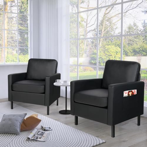 STHOUYN Black Faux Leather Accent Chair Set of 2 with Arms, Modern Small Accent Office Chair, Waiting Room Chairs for Living Room Bedroom with Metal Legs (2, Black)