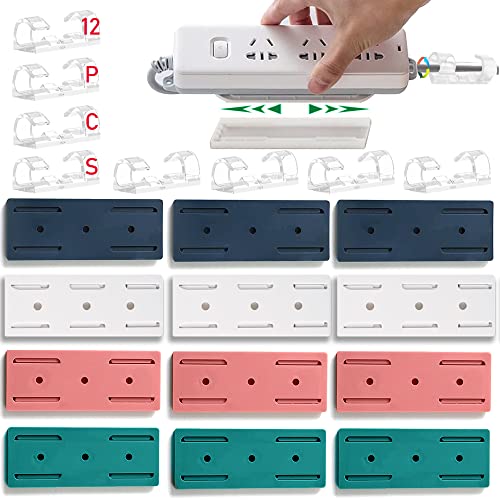 12PCS Power Strip Holder, Adhesive Punch-Free Socket Holder, Self Adhesive Socket Desktop Fixer, Cable Management Punch Free Surge Protector, Desktop Mobile Socket Holder Wall Mount and 8 Cable Clips