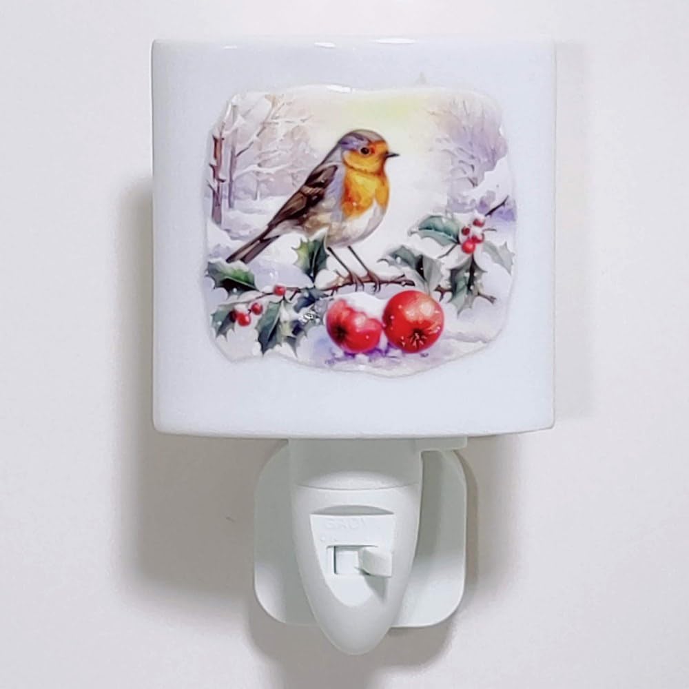 Plug-in Night Lights - LED Bulb, UK 3 pin Socket (Winter Robin and Berries), Multicolour