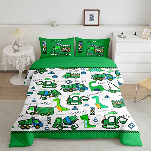 Loussiesd Kids Construction Duvet Insert/Quilt Boys Cute Cartoon Dinosaur Comforter For Toddler Ultra Soft Equipment Trucks Car Bedding Set Machinery Truck Dino Down Comforter Double Size Duvet Set