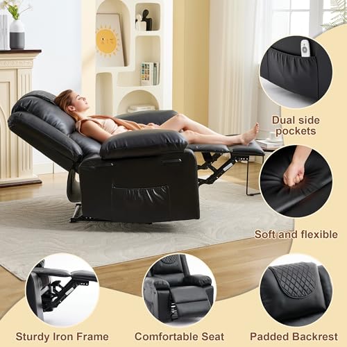 Image of Manual Recliner Chair for Adults with Heating & Massage, 135 Adjustable Reclining Lounge Chair with Side Pockets & Remote Control, Ideal for Living Room Bedroom,Black