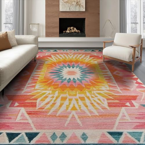 ODIKA Pink Abstract Sunburst Playful Orange Pastel Playroom Funky for Dining Room, Large Office, Lounge, Non-Slip Chair-Friendly