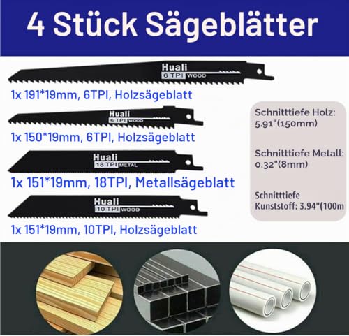 Foto von Akku Säbelsäge Bürstenlose Elektrisch Knochensäge Fleischsäge mit 2x1,5Ah Akkus und Schnellladegerät, 1900 SPM Elektrische Handsäge, 4 Blätter Lieferumfang Enthalten Leistungsstarke Motor-Stichsäge