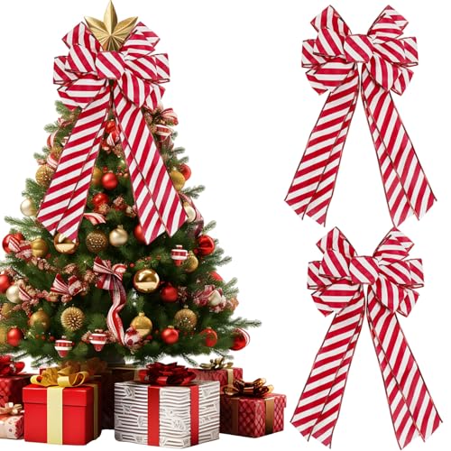 2Pcs Large Christmas Tree Bows - 27x 50cm Red and White Wired Ribbon Bow for Xmas Tree Topper Decorations,Wreath, Garland,Window, Front Door, Cabint,Holiday Party Home Decor