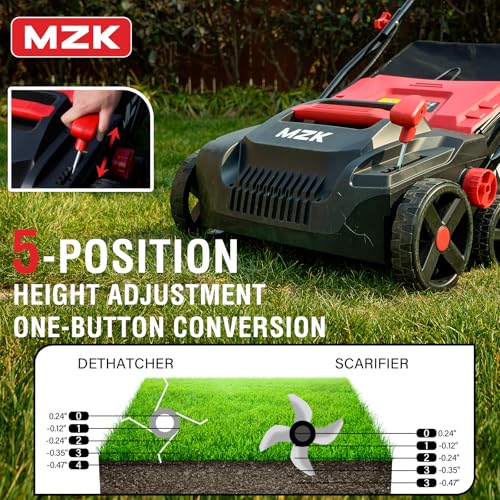 MZK 15-inch 2-in-1 Electric Dethatcher and Scarifier w/Removeable 5-Position Height Adjustment,Lawn dethatcher w/12-Gallon Thatch Collection Bag,Keep Lawn Health,(DS15A06)