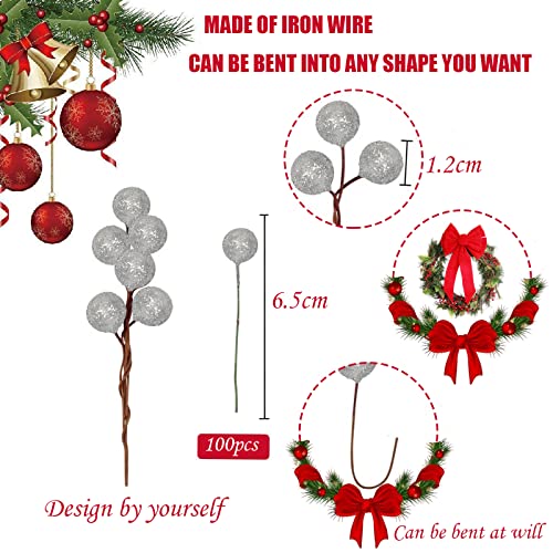 100 Pcs Christmas Holly Berries Artificial Glitter Silver Holly Berries,Christmas Berries Silver Berry Stems for Wreath Decorations Craft Christmas,Xmas Tree,Garland DIY Craft Wire Berries Party Decor - Image 2