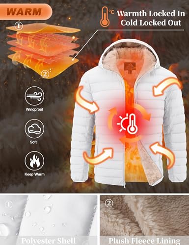 Image of Cotrasen Mens Puffer Jacket Sherpa Lined Water Resistant Hooded Full Zip Mid-Weight Warm Insulated Winter Coat